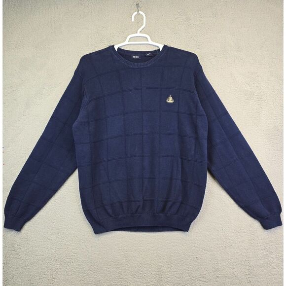 Vintage Izod Fisherman Sweater Men's XL Navy Blue Preppy Golf Windowpane Grandpa - Picture 1 of 10